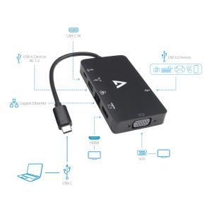 Video Adapter - USB-c Male To 2x USB 3.0 Female / Rj45 Female / Hdmi Female / Vga Female / USB-c Female - Black